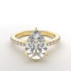 Six Prong Shared Setting pear shaped diamond ring in yellow gold