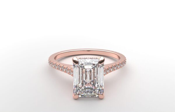 Cathedral setting emerald cut diamond with hidden halo ring with a simple prong setting in rose gold color and french paved diamonds band