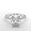 Cathedral setting oval cut diamond with hidden halo ring with a simple prong setting in white gold color and french paved diamonds band