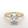 Cathedral setting oval cut diamond with hidden halo ring with a simple prong setting in yellow gold color and french paved diamonds band