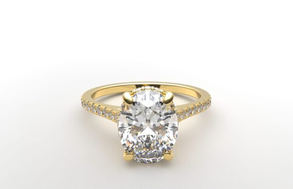 Cathedral setting oval cut diamond with hidden halo ring with a simple prong setting in yellow gold color and french paved diamonds band