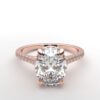 Cathedral setting oval cut diamond with hidden halo ring with a simple prong setting in rose gold color and french paved diamonds band