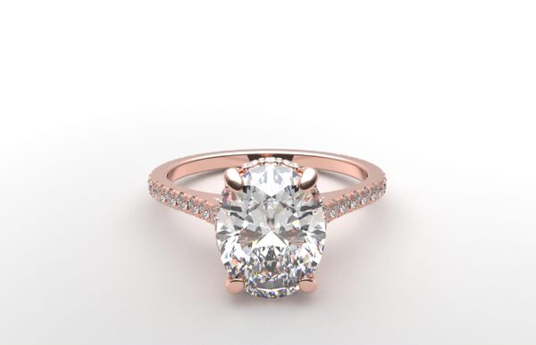 Cathedral setting oval cut diamond with hidden halo ring with a simple prong setting in rose gold color and french paved diamonds band