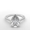 cathedral setting pear cut diamond with hidden halo ring with a simple prong setting in white gold color and french paved diamonds band