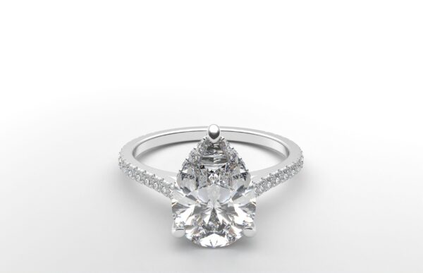 cathedral setting pear cut diamond with hidden halo ring with a simple prong setting in white gold color and french paved diamonds band