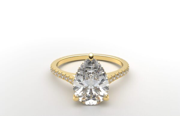 cathedral setting pear cut diamond with hidden halo ring with a simple prong setting in yellow gold color and french paved diamonds band