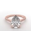 cathedral setting pear cut diamond with hidden halo ring with a simple prong setting in rose gold color and french paved diamonds band