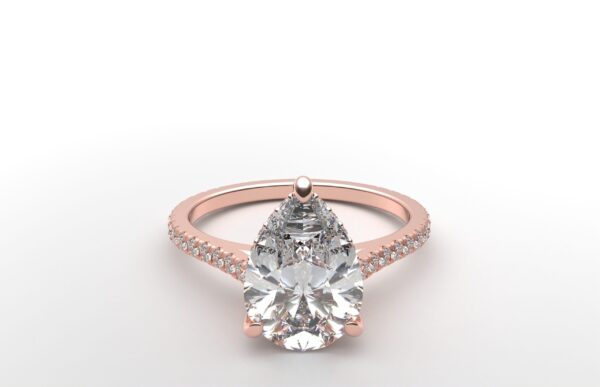 cathedral setting pear cut diamond with hidden halo ring with a simple prong setting in rose gold color and french paved diamonds band