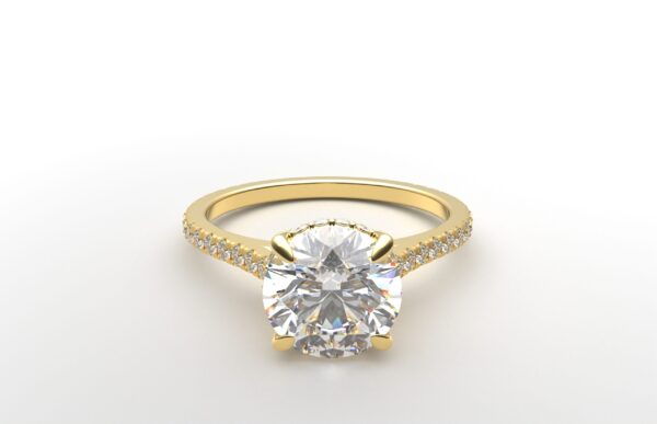 cathedral setting round cut diamond with hidden halo ring with a simple prong setting in yellow gold color and french paved diamonds band