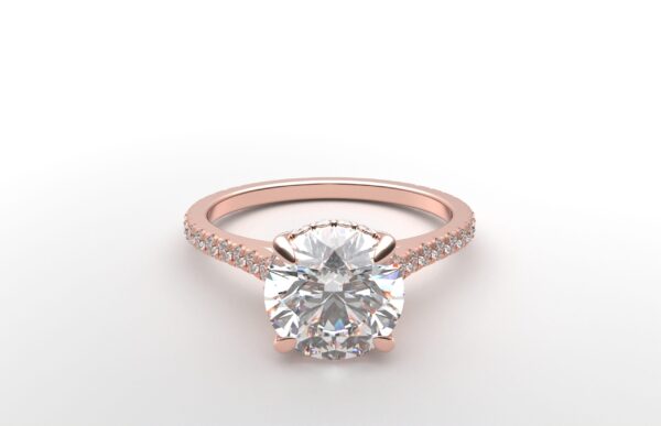 cathedral setting round cut diamond with hidden halo ring with a simple prong setting in rose gold color and french paved diamonds band