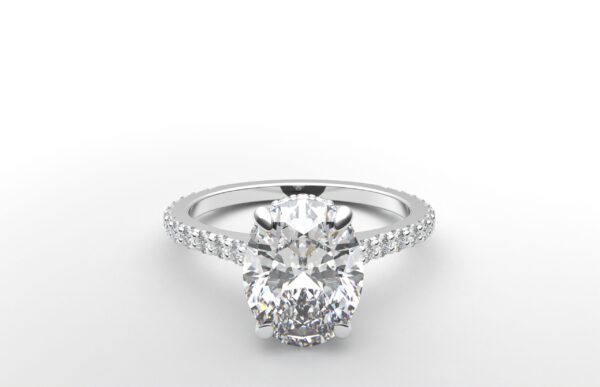 modern oval cathedral setting diamond with hidden halo ring with a classic prong setting in white gold color and french paved round diamonds band