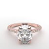 modern oval cathedral setting diamond with hidden halo ring with a classic prong setting in rose gold color and french paved round diamonds band