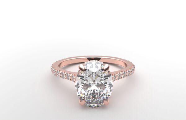 modern oval cathedral setting diamond with hidden halo ring with a classic prong setting in rose gold color and french paved round diamonds band