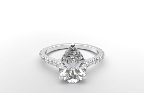 modern pear cathedral setting diamond with hidden halo ring with a classic prong setting in white gold color and french paved round diamonds band