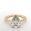 modern pear cathedral setting diamond with hidden halo ring with a classic prong setting in yellow gold color and french paved round diamonds band