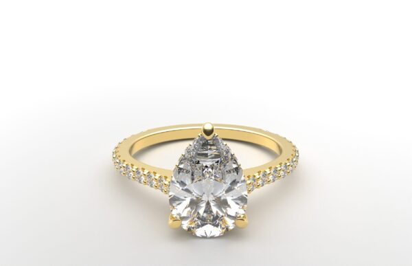 modern pear cathedral setting diamond with hidden halo ring with a classic prong setting in yellow gold color and french paved round diamonds band