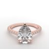 modern pear cathedral setting diamond with hidden halo ring with a classic prong setting in rose gold color and french paved round diamonds band