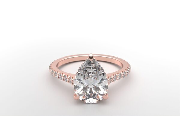 modern pear cathedral setting diamond with hidden halo ring with a classic prong setting in rose gold color and french paved round diamonds band