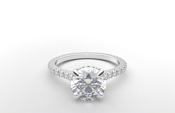 modern round cathedral setting diamond with hidden halo ring with a classic prong setting in white gold color and french paved round diamonds band