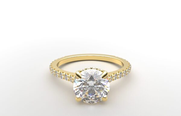 modern round cathedral setting diamond with hidden halo ring with a classic prong setting in yellow gold color and french paved round diamonds band