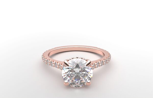 modern round cathedral setting diamond with hidden halo ring with a classic prong setting in rose gold color and french paved round diamonds band