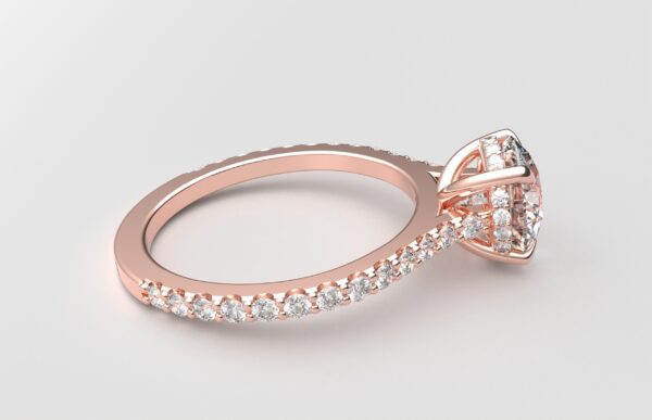 side view modern round cathedral setting diamond with hidden halo ring with a classic prong setting in rose gold color and french paved round diamonds band