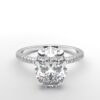 oval diamond with hidden halo ring with a classic 4 prong setting in white gold color and french paved diamond band