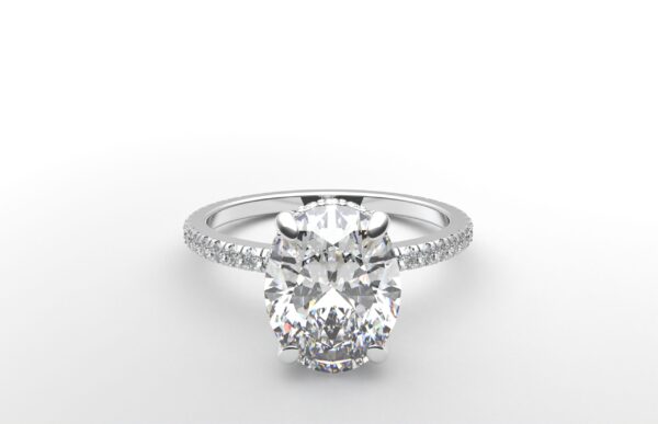 oval diamond with hidden halo ring with a classic 4 prong setting in white gold color and french paved diamond band