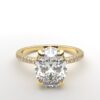 oval diamond with hidden halo ring with a classic 4 prong setting in yellow gold color and french paved diamond band