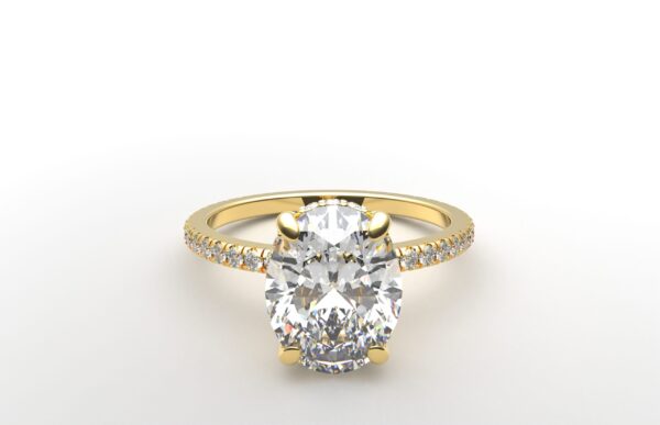 oval diamond with hidden halo ring with a classic 4 prong setting in yellow gold color and french paved diamond band