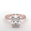 oval diamond with hidden halo ring with a classic 4 prong setting in rose gold color and french paved diamond band