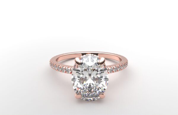 oval diamond with hidden halo ring with a classic 4 prong setting in rose gold color and french paved diamond band