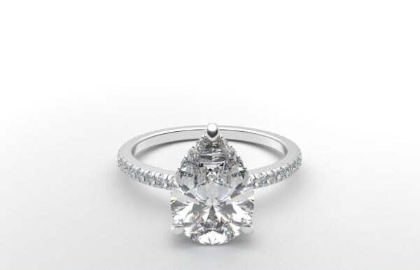 pear diamond with hidden halo ring with a classic 3 prong setting in white gold color and french paved diamond band