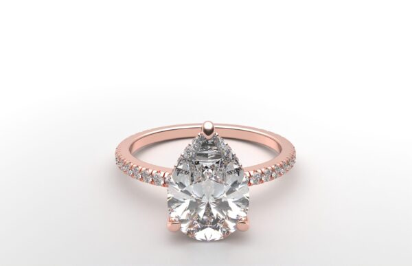 pear diamond with hidden halo ring with a classic 3 prong setting in rose gold color and french paved diamond band