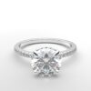 round diamond with hidden halo ring with a classic 4 prong setting in white gold color and french paved diamond band