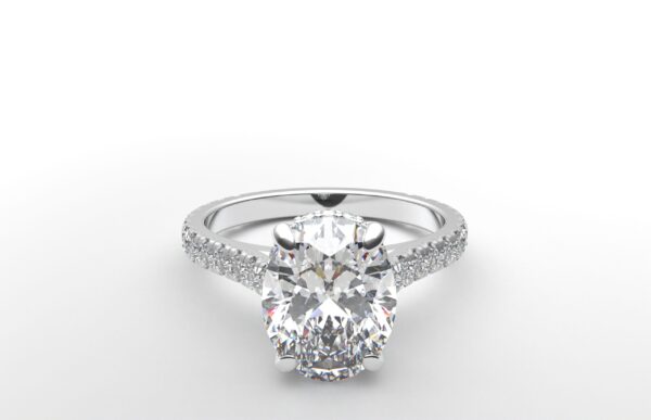 modern cathedral setting french pave oval diamond ring in white gold with a hidden halo