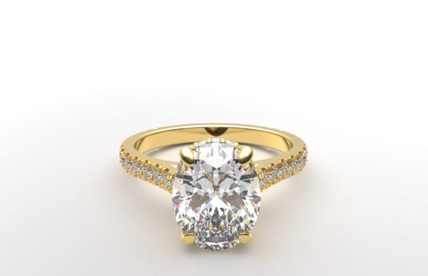 modern cathedral setting french pave oval diamond ring in yellow gold with a hidden halo