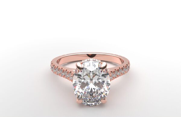 modern cathedral setting french pave oval diamond ring in rose gold with a hidden halo