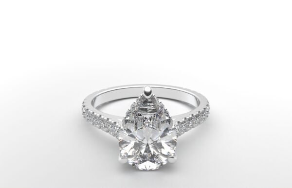 modern catherdral setting french pave pear diamond ring in white gold with a hidden halo