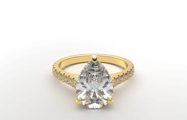 modern catherdral setting french pave pear diamond ring in yellow gold with a hidden halo