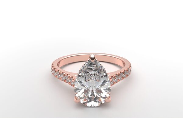 modern catherdral setting french pave pear diamond ring in rose gold with a hidden halo