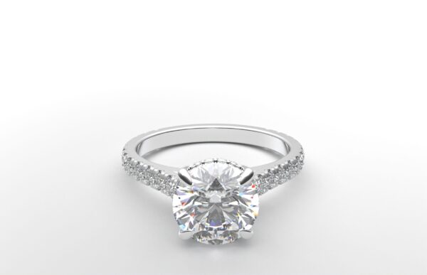 modern catherdral setting french pave round diamond ring in white gold with a hidden halo