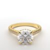 modern catherdral setting french pave round diamond ring in yellow gold with a hidden halo