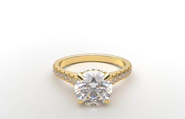 modern catherdral setting french pave round diamond ring in yellow gold with a hidden halo