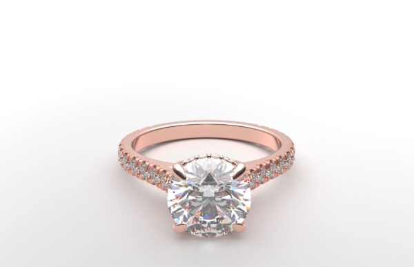 modern catherdral setting french pave round diamond ring in rose gold with a hidden halo