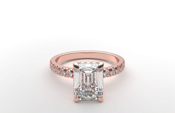 classic french pave emerald diamond ring in rose gold with a hidden halo