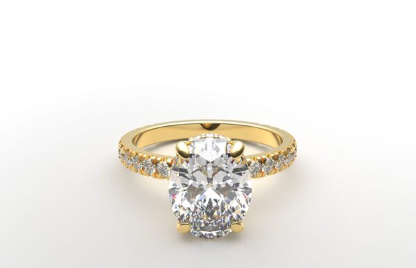 classic french pave oval diamond ring in yellow gold with a hidden halo