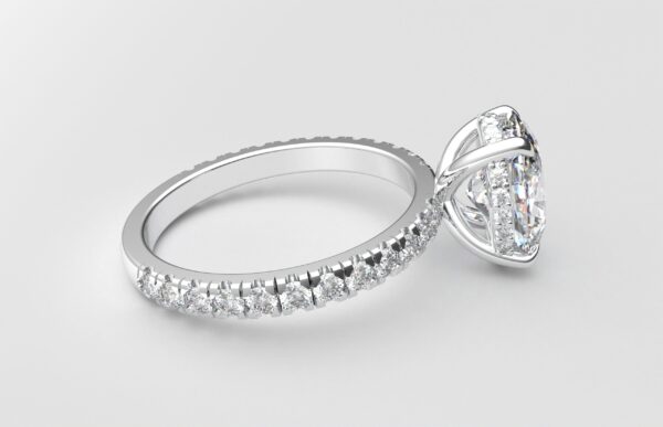 side view classic french pave oval diamond ring in white gold with a hidden halo