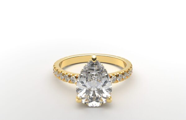 classic french pave pear diamond ring in yellow gold with a hidden halo