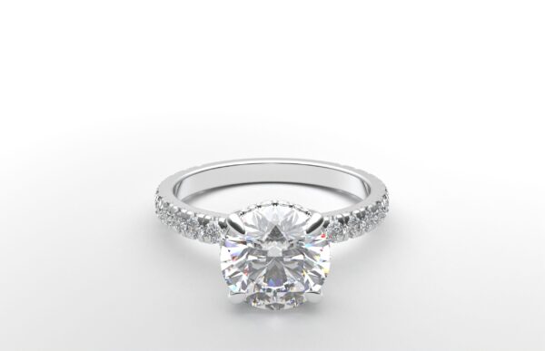 classic french pave round diamond ring in white gold with a hidden halo